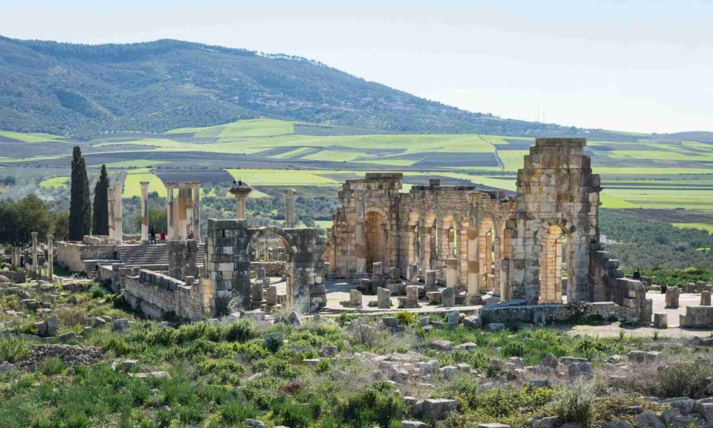 Ancient Roman ruins at Volubilis, a UNESCO World Heritage site near Fez, Morocco.